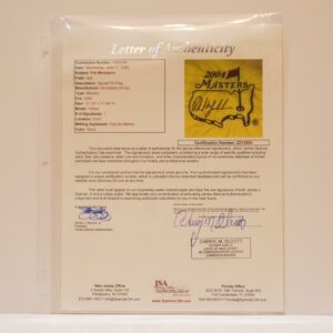 Certificación JSA LOA bandera autografiada por Phil Mickelson Augusta Masters 2004