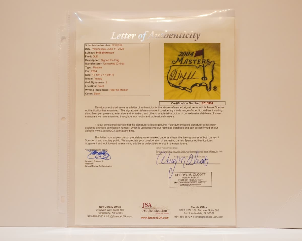 Certificación JSA LOA bandera autografiada por Phil Mickelson Augusta Masters 2004
