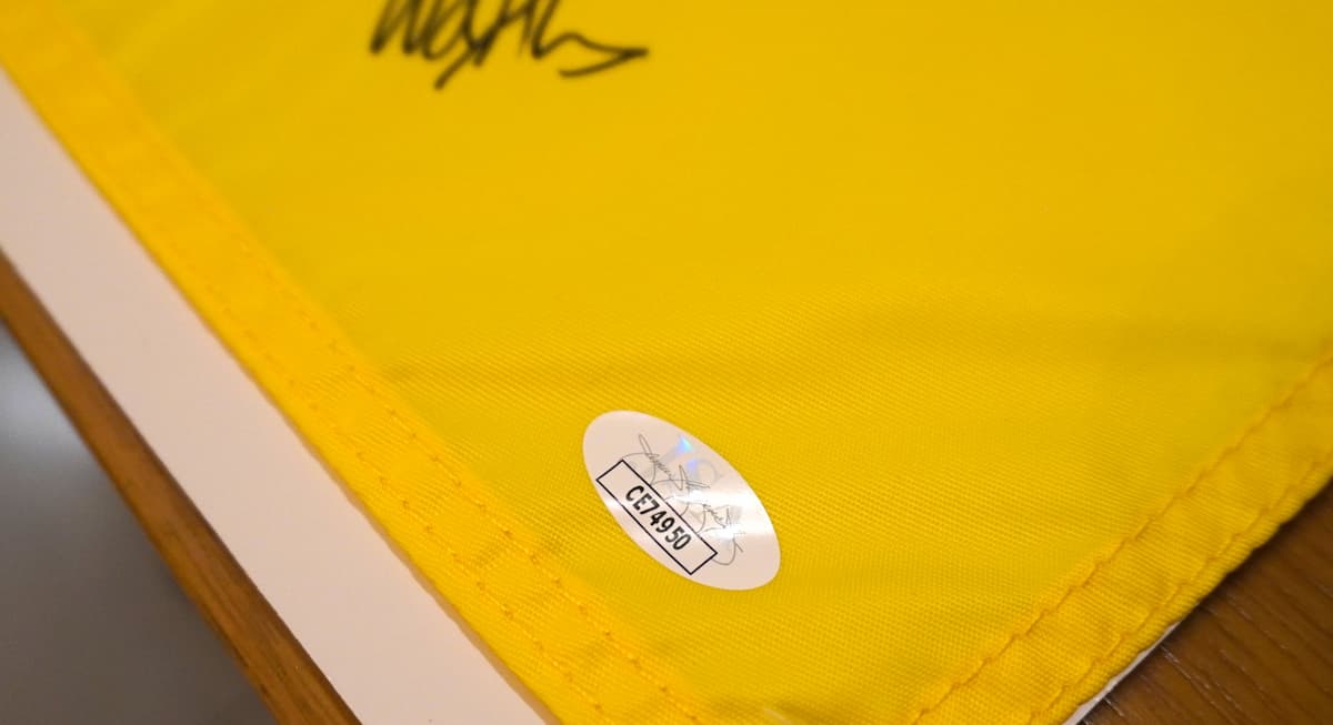Close-up certificación JSA COA bandera autografiada Ludbig Aberg